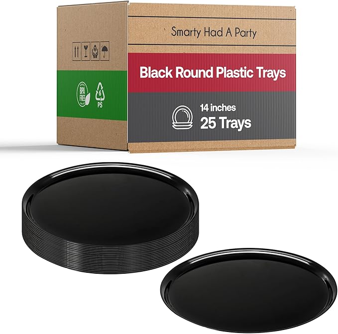 Smarty Had A Party 14 Inch Black Round Plastic Serving Tray – Heavy-Duty Plastic Serving Trays for Parties, Catering & Buffets, Elegant Disposable Party Platters & Trays – 25-Pack