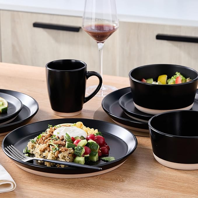 Stone Lain Jules Modern Stoneware 32-Piece Round Black Dinnerware Set, Plates and Bowls Sets, Dish Set for 8, Black