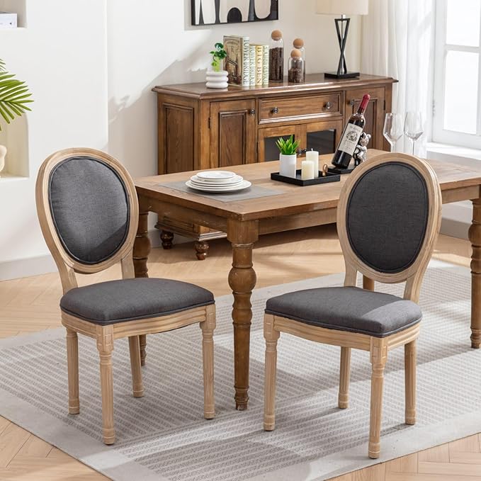 Vintage French Dining Chairs Set of 2, Round Back Accent Chairs with Linen Seat and Solid Wood Frame, Farmhouse Sillas de Comedor Upholstered for Dining Room & Kitchen, Gray