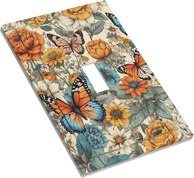 Decorative Light Switch Cover Vintage Colorful Floral Butterfly Flowers 1 Gang Wall Plate Cover Single Toggle Outlet Covers Switchplate Electrical Faceplate for Bathroom Bedroom Decor（2 Pack）