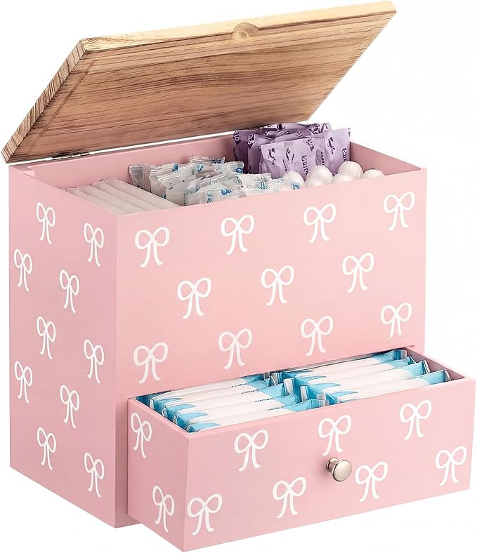 Pink Bow Tampon Holder for Bathroom Wood Feminine Product Organizer with Drawer and Lid Pad and Tampon Organizer Bathroom Accessories Storage Box for Pink Bow Washroom Period Box