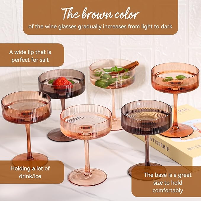 9 oz Brown Coupe glasses Set of 6-Hand Blown Venus ribbed vintage coupe glasses-Brown martini glasses for espresso dessert