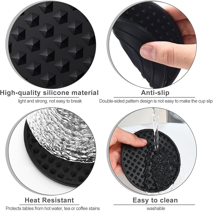Eccliy 48 Pack Silicone Coasters for Drinks Nonslip Silicone Drink Coasters Cold Hot Heat Resistant for Table Tabletop Coffee Bar (Black)