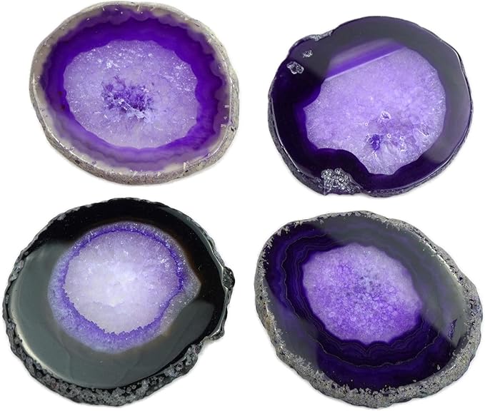 Purple Agate Slices Bulk Geode Coasters Set of 4 with Rubber Bumpers - Unique 3-4 Inch Dyed Stone Drink Cup Crystal Coasters for Home Decor, Coffee Table, Bar Accessories