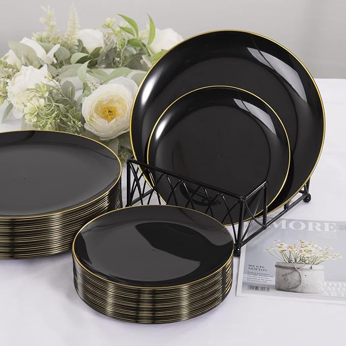 KIRE 60PCS Black Plastic Plates - Black Disposable Plates with Gold Rim for Halloween Party/Graduation - Include 30Pcs 10.25inch for Dinner and 30Pcs 7.5inch for Dessert