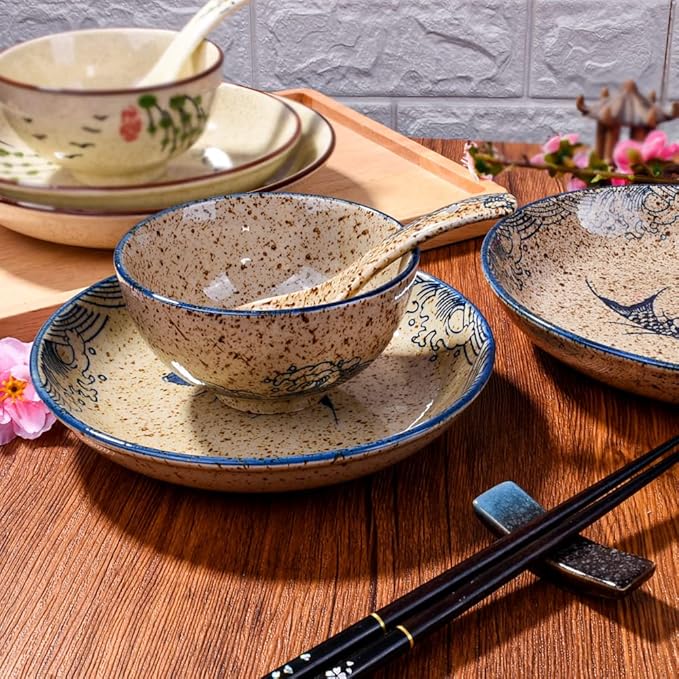 4-Piece Ceramic Dinnerware Set, Plate, Dish, Bowl, Spoon, Japanese Hand-painted Tableware set, A Good Tableware (Yule)