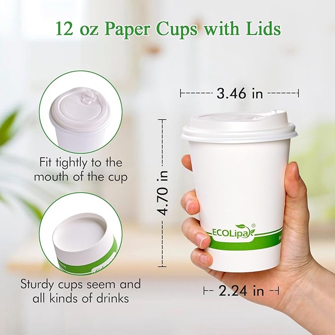 ECOLipak 100 Count 12 oz Compostable Paper Coffee Cups, Biodegradable Disposable Coffee Cups with CPLA Lid, Eco-friendly Hot Drinking Cups for Party, Picnic, Travel, and Events