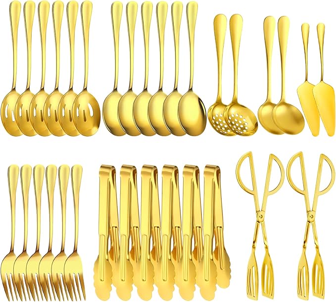 32Pcs Serving Utensils Set Serving Spoons, Buffet Tongs, Cake Spatula, Forks, Perforated Ladles, Soup Scoops, Skimmers and Black Heavy-Duty Serving Tongs (GOLD)
