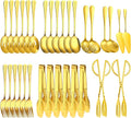 32Pcs Serving Utensils Set Serving Spoons, Buffet Tongs, Cake Spatula, Forks, Perforated Ladles, Soup Scoops, Skimmers and Black Heavy-Duty Serving Tongs (GOLD)