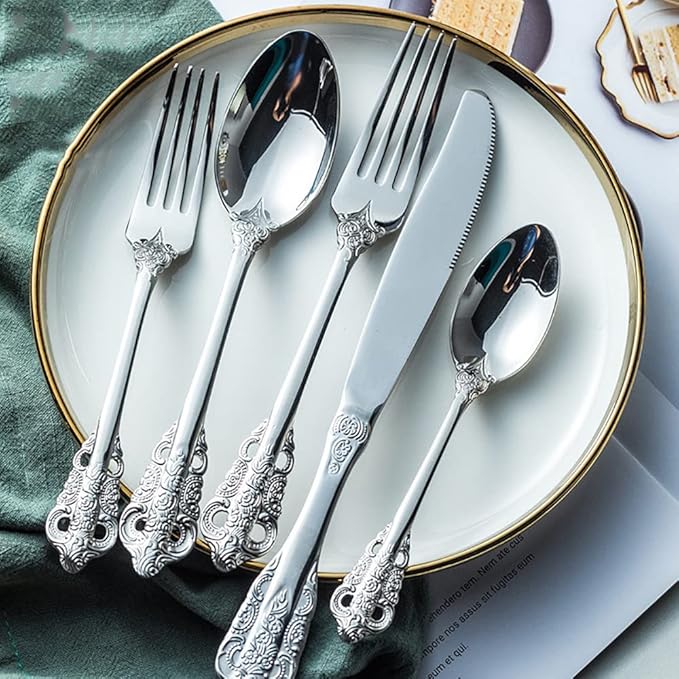 Silverware Set for 14 Premium 18/10 Stainless Steel Flatware Set Palace Style 70 Piece Cutlery Tableware Utensils Embossed Decorative Handle Knives Forks and Spoons for Home Christmas Wedding