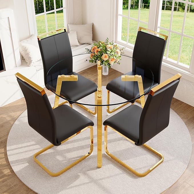 42" Round Glass Dining Table Set for 4,Modern Breakfast Table Set for 4 with Luxury Gold Chrome Legs,Space Saving Kitchen Table and Black Chairs for Apartment,Easy Assembly