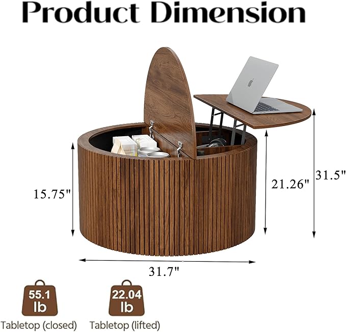 Mid Century Round Fluted Lift Top Coffee Table, Modern Center Table with Storage and Compartment, 2 Tier Small Circle Dining Table, for Living Room, Home Small Space, Walnut Oak-1