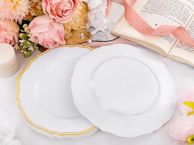 Hioasis 60pcs Gold Plastic Plates - White and Gold Disposable Dinnerware with Gold Rim, Heavy-duty, 7.5 inch, Dessert Plates for Party & Thanksgiving