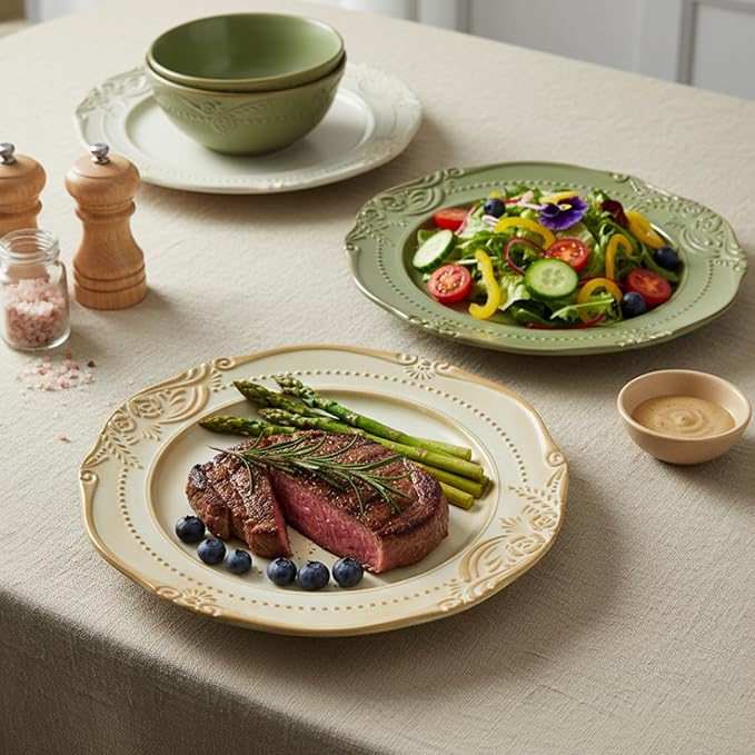 Ceramic Flat Plates Set of 4, 10.5 inch Reactive Glaze Stoneware Dish Set for Dessert, Salad, Appetizer, Dinner, Dishwasher & Oven Safe, Scratch Resistant-Faint Yellow