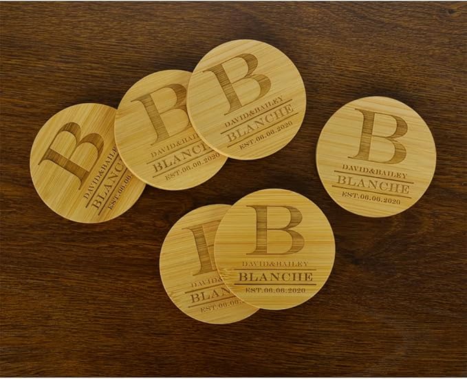 Personalized Bamboo Coasters - Custom Engraved Monogram Coasters with Holder, Great Gifts (Set of 6)
