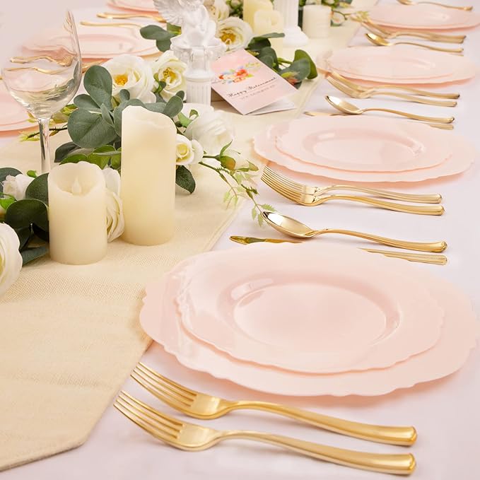 WDF 60pcs Pink Plastic Plates - Baroque Pink Disposable Plates Including 30 Dinner Plates 10.25inch, 30 Dessert Plates 7.5inch for Upscale Valentine's Day, Wedding, Parties