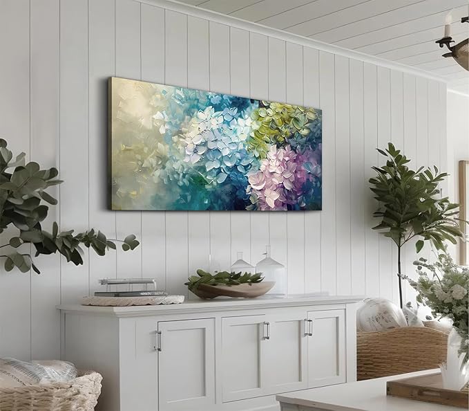 ADJUVANT Wall Art Impressionist Colorful Hydrangea 48" L x 24" W, Vibrant Hydrangea Blooms Canvas Painting Lush Petals Artwork Prints Floral Wall Decor for Living Room Bedroom Dining Room Home Office