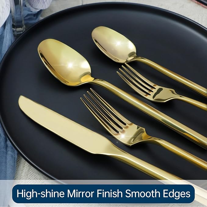 Silverware Set 40-Piece Stainless Steel Cutlery, Mirror Polishing Utensils, Gold Hexagon Flatware Sets, Service for 8
