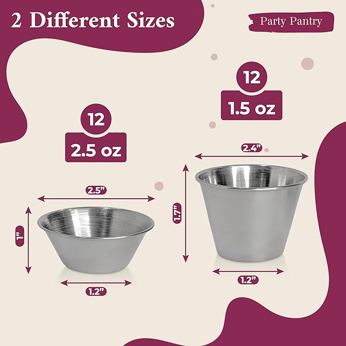 24 pcs Stainless Steel Condiment Small Sauce Cups - Round Ramekin Dipping Ramiken, Commercial Grade Metal Condiment for Ketchup, Soy Sauce, Vinegar, Butter
