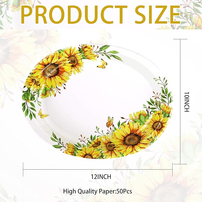 Grencian 50 PCS Sunflower Oval Paper Plates 10" x 12" Heavy Duty Disposable Sunflower Party Plates for Birthday Wedding Bridal Baby Shower Party Decorations