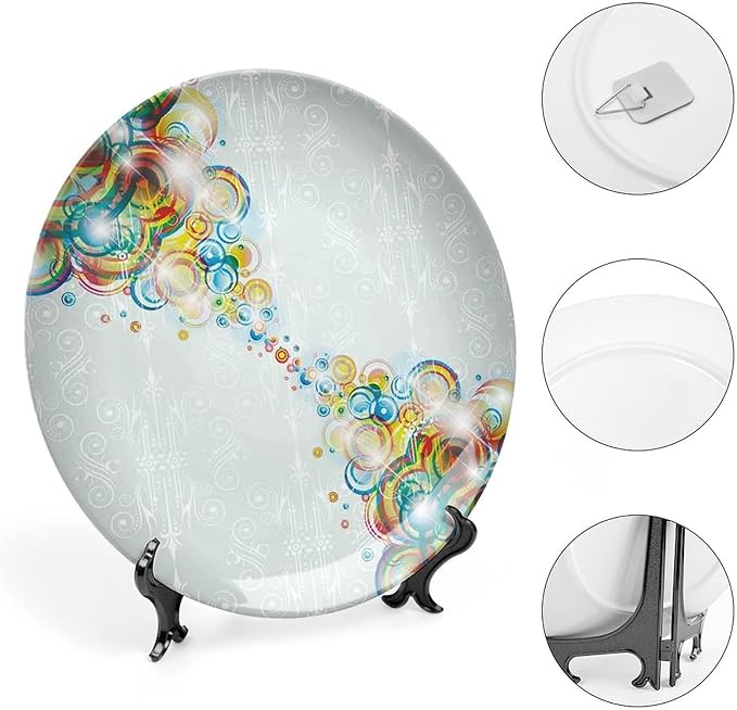 Decorative Plates, Abstract Print Ornament, Modern Design Rainbow Waves Circles Patterned, 10 Inch, 1 Plate with 1 Display Stand, Multicolor