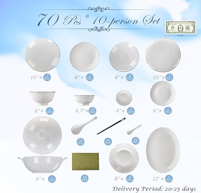 Fine Bone China Dinnerware Set,Porcelain&Ceramic Dinnerware Sets,Bone Stoneware&Ceramic Cookware Tableware Set Includes Dinner Plates|Spoons|Pasta Bowls|Soup Pot|Chopsticks (70PCS * 10-Person Set)