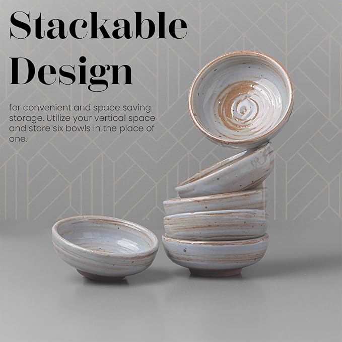 Vikko Modern Stoneware Dip Dishes, Set of 4 Mini Bowls, 3"" Dish for Dips, Charcuterie Boards, Condiments, Microwave and Dishwasher Safe, Earthtones, Light Blue/Brown Rim