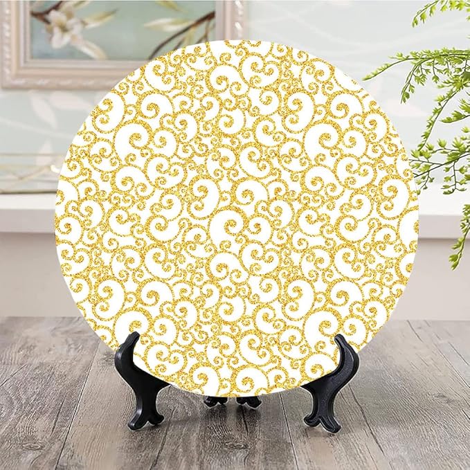 Decorative Plates, Victorian Print Ornament, Swirling Lines Floral, 7 Inch, Kitchen Wall Decor, Golden