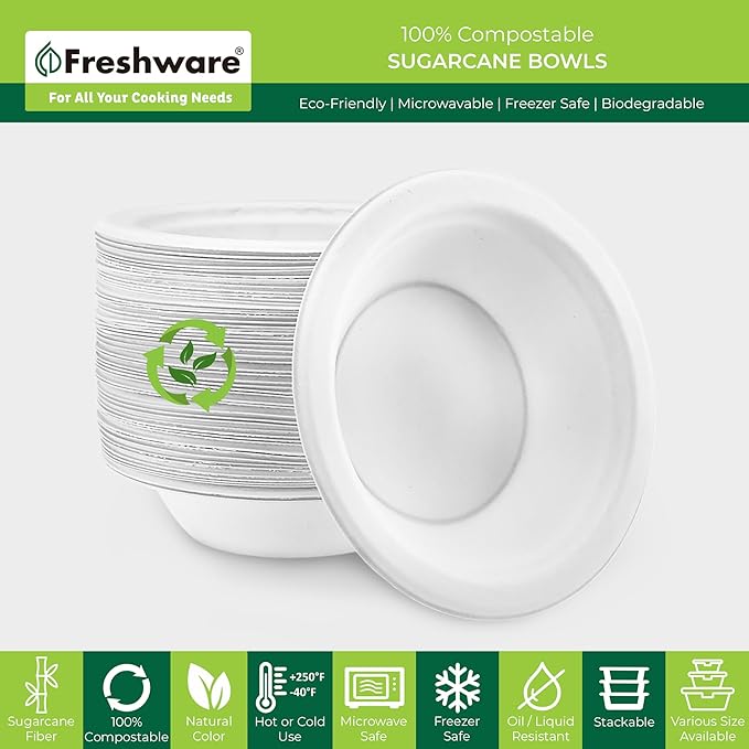Freshware Paper Bowls - Disposable 12 oz. Soup Bowl, 150-Pack Biodegradable Sugarcane Fiber Serving Bowls - Heavy Duty Bagasse for Hot Food Plates - Microwave & Freezer Safe, Stackable Dinnerware