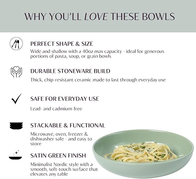 Ceramic Pasta Bowls Set of 4 – 40oz Extra Large Dinner Bowls, Deep Plates Salad Bowl for Eating, Pasta Plates, Stoneware Shallow Bowl Plate Set, Dishwasher & Microwave Safe - Green