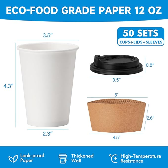 RACETOP 50 Pack 12 oz Disposable Paper Coffee Cups with Lids and Kraft Sleeves, Paper Coffee Cups with Lids and Kraft Sleeves 12 oz, Hot Cups for Home/Office