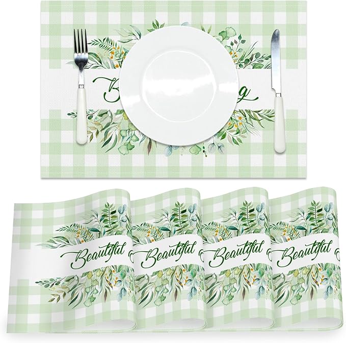AOFOTO Green Plaid Placemats Set of 4 Beautiful Spring Leaves Printed Place Mats Washable Rectangular Table Mats for Party Home Kitchen Restaurant Dining Table Decor 12x18 Inch