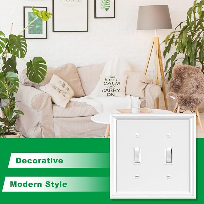 White Modern Decorative Wall Plate Light Switch Cover Decorator Outlet Covers Rocker Switch Plates Bamboo Fiber Material Wall Plates for Kitchen Bathroom (2 Gang Double Toggle-2 Pack)