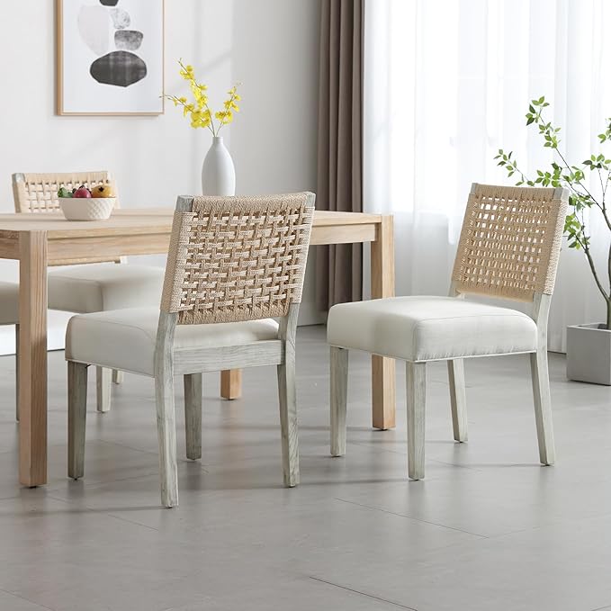 Farmhouse Dining Chairs Set of 2 Linen Fabric Upholstered Accent Side Chair, Mid Century Modern Kitchen & Dining Room Chairs with Woven Rope Back for Home, Living Room, Bedroom - White