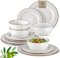 GBHOME Ceramic Dinnerware Sets,12 pcs Embossed Elegant Stoneware Plates and Bowls Sets, Housewarming Wedding Gift | Dishwasher & Microwave Safe | Dishes Set Service for 4