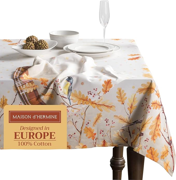 Maison d' Hermine Table Cloth Rectangle Table 100% Cotton 70 x 120 Inches Fall Tablecloth Reusable Everyday Use for Thanksgiving Christmas Decorations Dining Farmhouse Party (Oak Leaves)