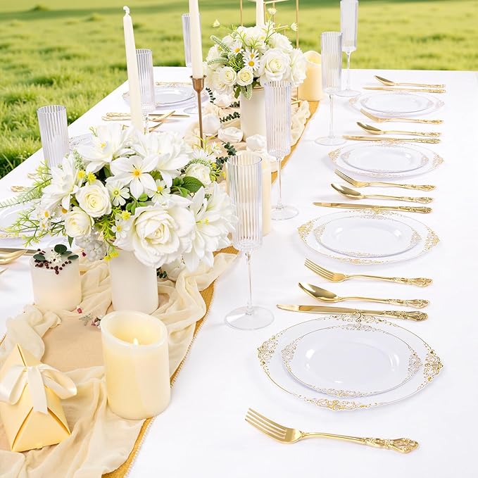 102PCS White and Gold Plastic Plates - Heavy Duty Gold Disposable Plates Include 51PCS 7.5inch Dessert Plates, 51PCS 10.25inch Dinner Plates for Wedding & Parties