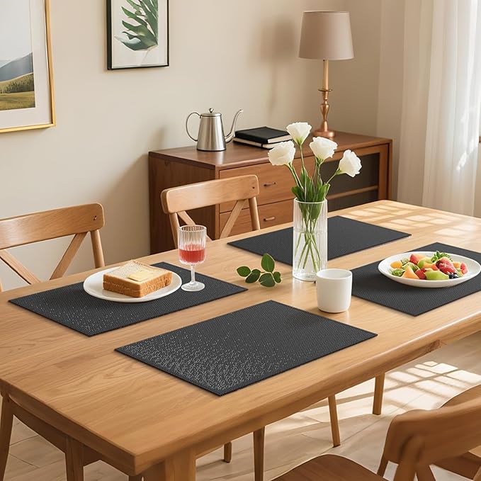 Blue Forest Placemats Set of 4, Dual-Layered Thickened Faux Linen Table Mats Heat Resistant Machine Washable Wrinkle Free Place Mats for Kitchen Dining Outdoor/Indoor (Dark Green)