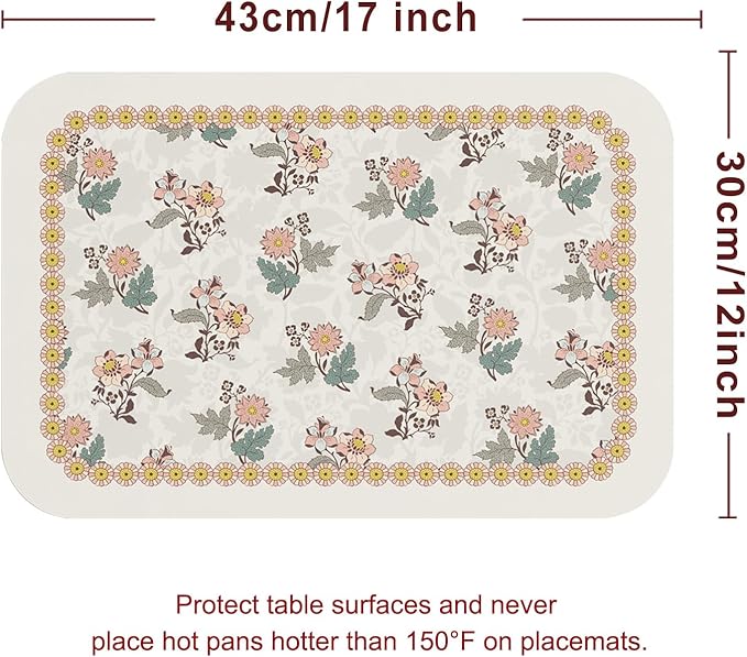 ISAENNE Designer PVC Placemats Set of 6,Rectangular Floral Placemat, Waterproof and Heat-Resistant,Decoration for Kitchen, Dining, Party,Holiday, New Year,12"*17"