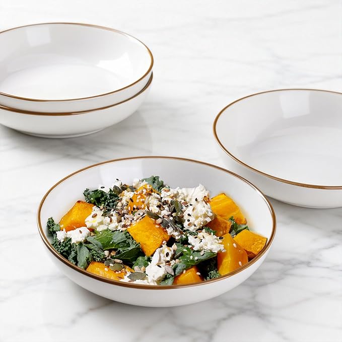 AmorArc 8.5'' Large Pasta Bowls, 36oz Ceramic Salad Serving Bowls Set of 4 for Kitchen, Wide Stoneware Bowls for Pasta,Salad,Fruit,Bread, Microwave Safe, Reactive-Pearl White