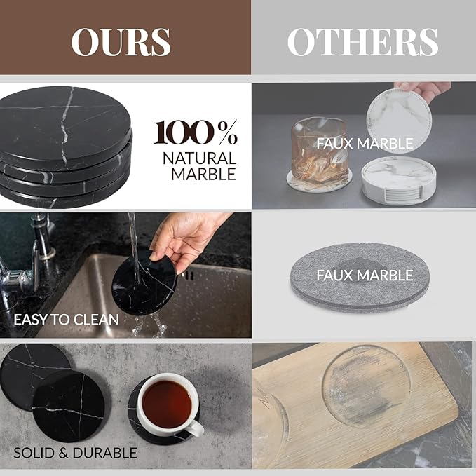 Koville Marble Coaster Set of 4, Round Coasters, 4" Stone Coaster for Drinks Coffee, White Marble Coasters for Coffee Table Home Bar Decor, Heat Resistant, Gift Choice(Black)