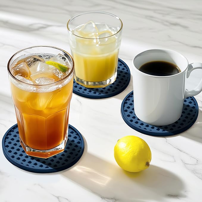 Coasters for Drinks, Silicone Coasters Set of 6 with Metal Holder, Outdoor Coaster for Coffee Table, Non-Slip Rubber Table Cup Mat Desk, Heat Resistant & Scratch-Proof (Navy Blue)