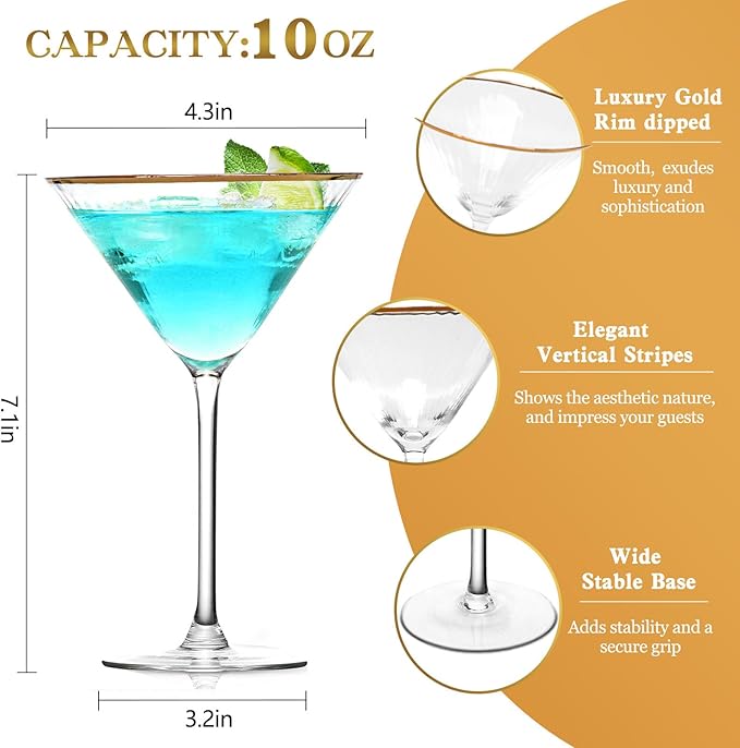 Martini Glasses Set of 4, Gold Rim Hand-Blown Crystal Cocktail Glasses, 10oz Large Martini Glasses for Espresso, Cosmopolitan, Gimlet, Elegant Barware Gift for Birthday, Housewarming, Wedding