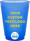 DISCOUNT PROMOS Custom Frosted Plastic Stadium Cups, 100 pack, Promotional Text, Logo, 16 oz. Shatterproof Flexible Reusable Party Cups, Blue