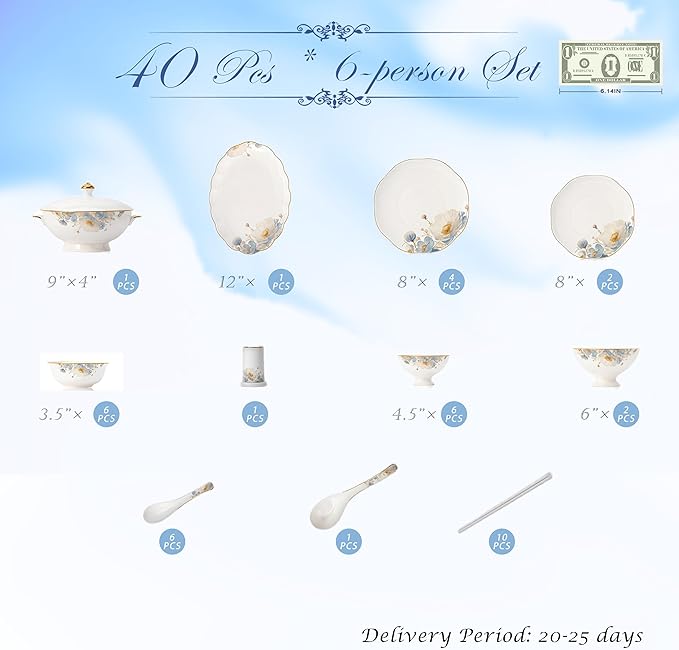 Fine Bone China Dinnerware Set,Porcelain&Ceramic Dinnerware Sets,Bone Stoneware & Ceramic Cookware Tableware Set Includes Dinner Plates|Spoons|Pasta Bowls|Soup Pot|Chopsticks (40 PCS)