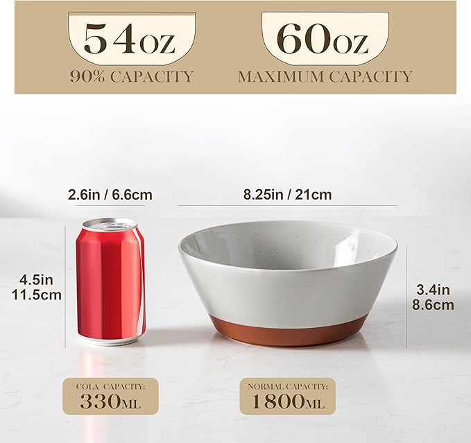 MALACASA Salad Bowls Set of 4, Soup Bowls for Kitchen, 60oz Large Ceramic Bowl for Ramen, Cereal, Fruit, Pho and Pasta, Microwave & Dishwasher Safe, Speckled Deep Bowls, Grey & Brown