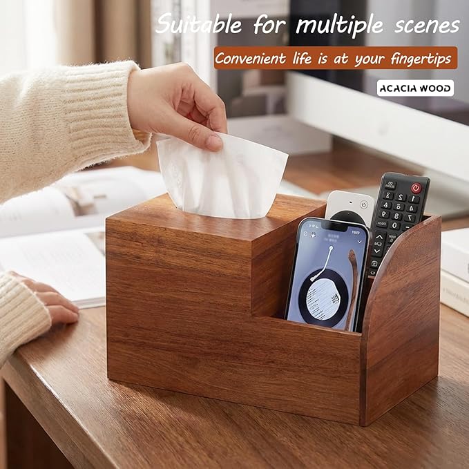 BIBELUN Square Tissue Box Cover,Multi-Functional Wood Tissue Box Holder with Storage Grid,Tissue and Remote Control Holder,Decorative Facial Tissue Cube Box Organizer for Desk,Nightstand,Bathroom