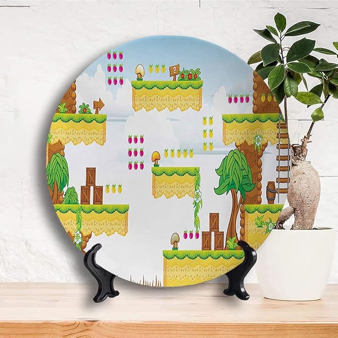 Decorative Plates, Video Games Print Ornament, Cartoon Retro Computer Graphic Kids Western, 7 Inch, Kitchen Wall Decor, Multicolor