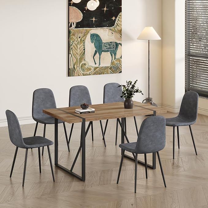 6 Chair Dining Table Set，Dinner Table Set for 6, 55'' Kitchen Table and Suede Nap Fabic Chairs Set of 6, 7 Piece Dining Table Set for Kitchen Dining Room