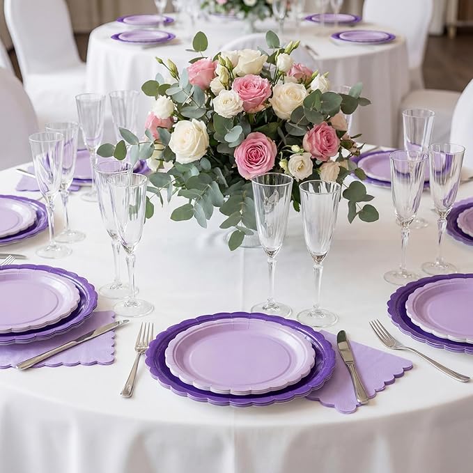110 Pcs Purple Plates and Napkins Tableware Set Serve 25 Guests Includes Scalloped 9" 7" Paper Dessert Dinner Plate Purple Series Napkins for Spring Birthday Wedding Baby Shower Tea Party
